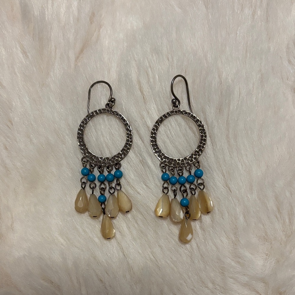 Silpada Boho Silver Hoop Earrings with Turquoise and Cream Dangles